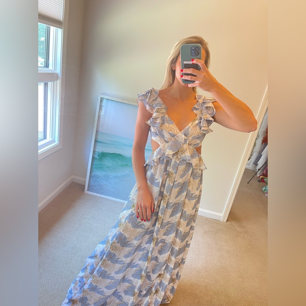 Luxxel Blue and White tropical Ruffle cut out Maxi Dress
